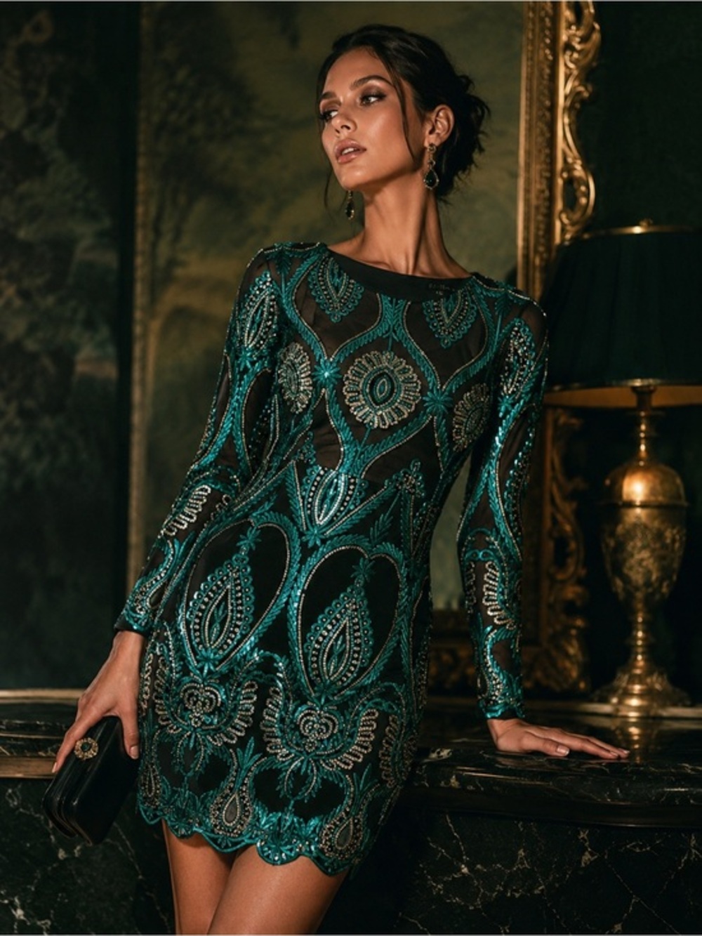 Boston Proper Black Teal Sequin Mesh Dress Size 6 NWT Cocktail Party Luxe Glam